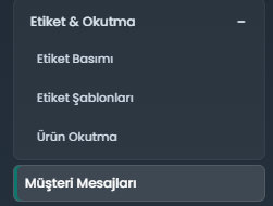 MOYS etiket okutma ve müşteri mesajları sol menüsü