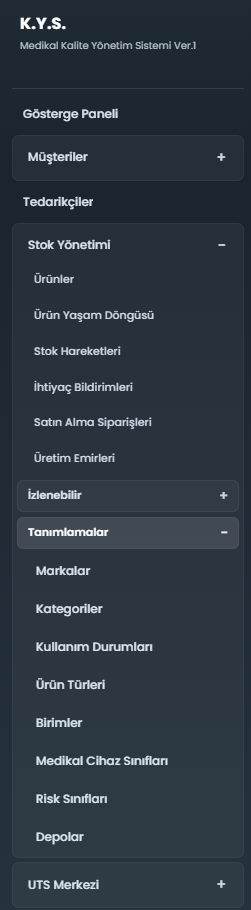 MOYS stok yönetimi ve tanımlamalar sol menüsü